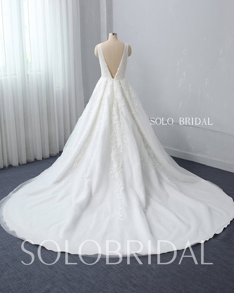 A Line Plunging V Neck Wedding Dress with Cathedral Train