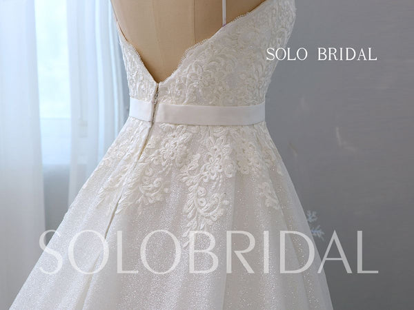 A Line Sweetheart Spaghetti Strap Wedding Dress with Cathedral Train and Sparkly Skirt