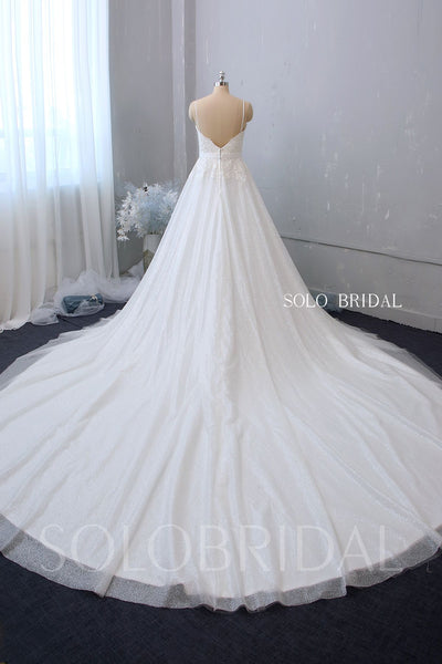 A Line Sweetheart Spaghetti Strap Wedding Dress with Cathedral Train and Sparkly Skirt