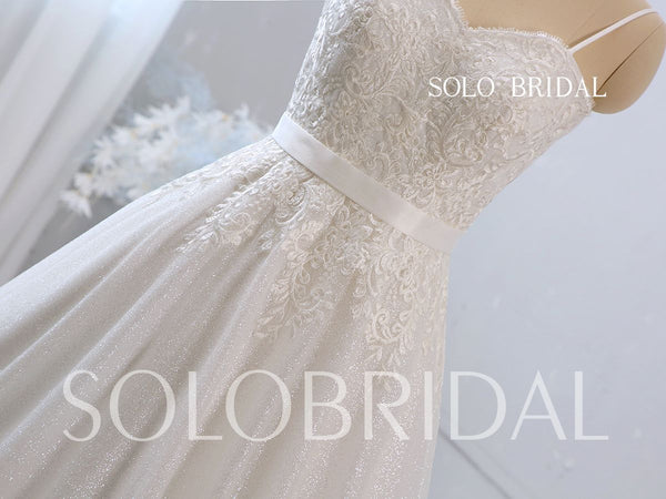 A Line Sweetheart Spaghetti Strap Wedding Dress with Cathedral Train and Sparkly Skirt