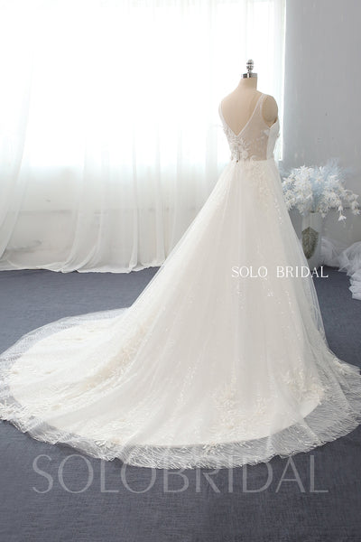 A Line 3D Feathers and Flowers V Neck Wedding Dress with Cathedral Train