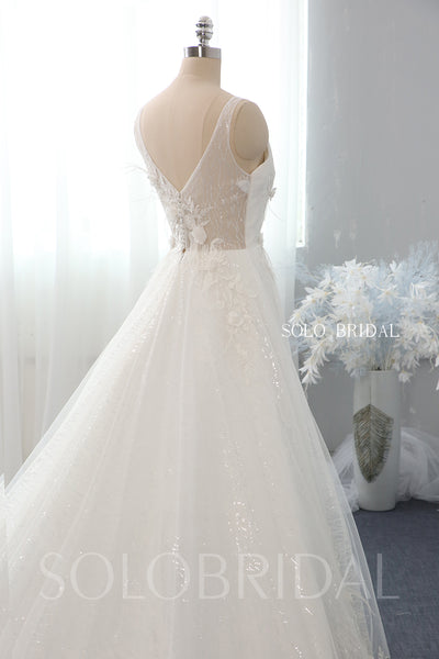 A Line 3D Feathers and Flowers V Neck Wedding Dress with Cathedral Train