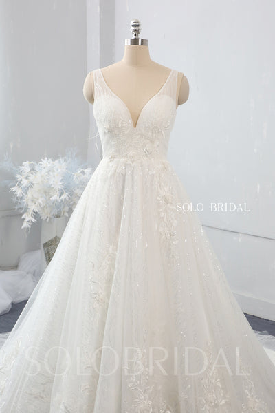 A Line 3D Feathers and Flowers V Neck Wedding Dress with Cathedral Train