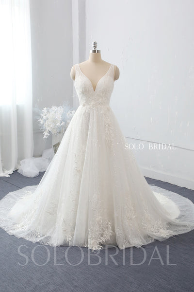 A Line 3D Feathers and Flowers V Neck Wedding Dress with Cathedral Train