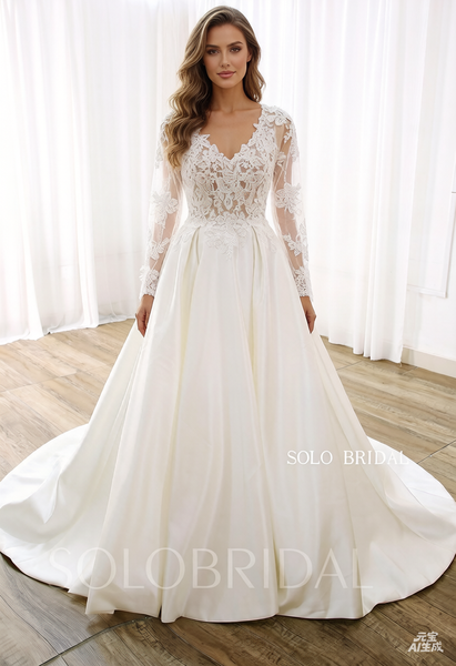 Ivory Bridal Satin Long Sleeve V Neck A Line Wedding Dress DPP_0001