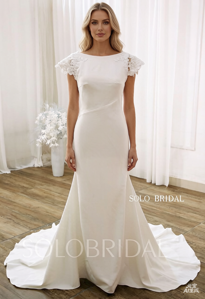 Ivory Boat Neck Cap Sleeve Low Backless Fit and Flare Crepe Wedding Dress DPP_0002