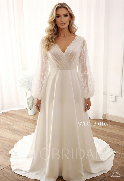 Ivory V neck A Line Long Sleeves Wedding Dress DPP_0008