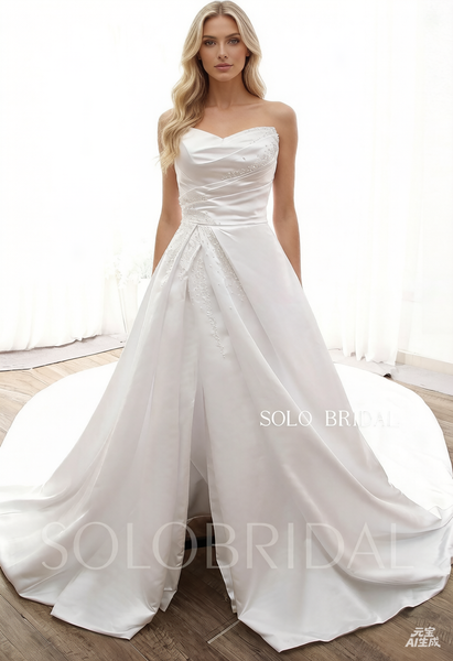 DPP_0001 Hot Sale White Popular Split Satin Pleated with Pearls A Line Wedding Dress