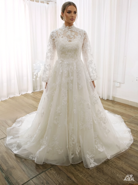Ivory A line Muslim Long Sleeve Covered Lace Wedding Dress DPP_0001
