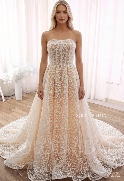 Blush A line Strapless Leaf Lace Wedding Dress DPP_0001