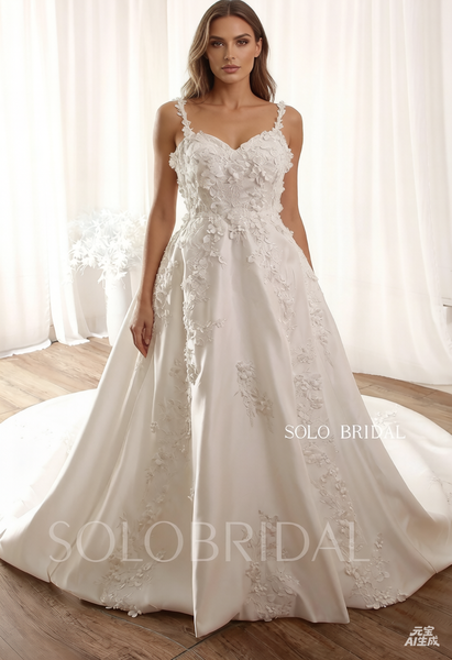 Ivory 3d Flowers Bridal Satin Long Tail Ball Gown Wedding Dress DPP_0058
