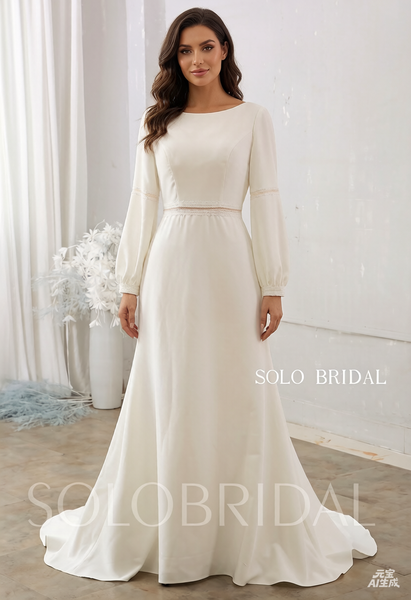 Ivory Fit and Flare Round Neck Long Sleeve Crepe Wedding Dress DPP_0056