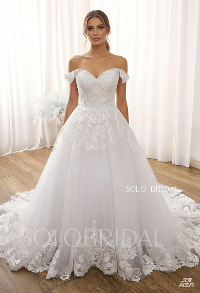 White V Neck Off Shoulder Tulle Ball Gown Corset Wedding Dress DPP_0064