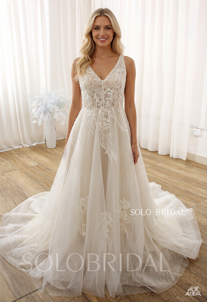 Beige A Line V Neck Keyhole Back Court Train Sparkly Wedding Dress DPP_000b