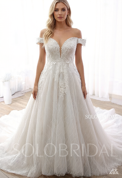 Grey Off Shoulder A line Long Train Wedding Dress DPP_000b