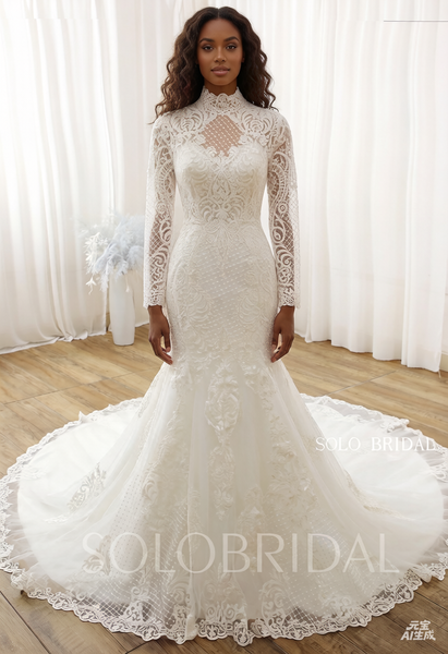 Ivory Mermaid Square Mesh Cotton Lace Cathedral Train Wedding Dress DPP_0017