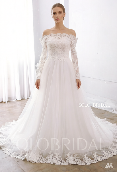 Off Shoulder Long Sleeve Tulle A Line Wedding Gown DPP_0029