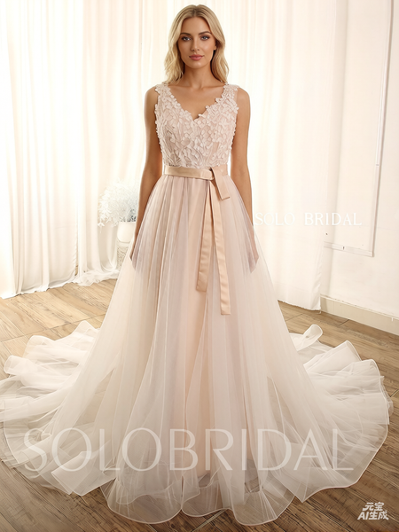 Blush A line leaf lace tulle light floaty wedding dress