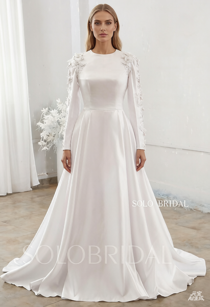 White Muslim Long Sleeve High Neck Sweep Train Wedding Dress 724A0030