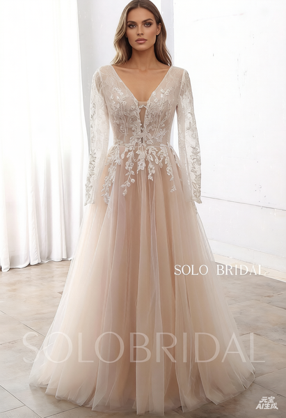 Champagne Blush A Line Long Sleeve Floor Lace Wedding Dress DPP_003