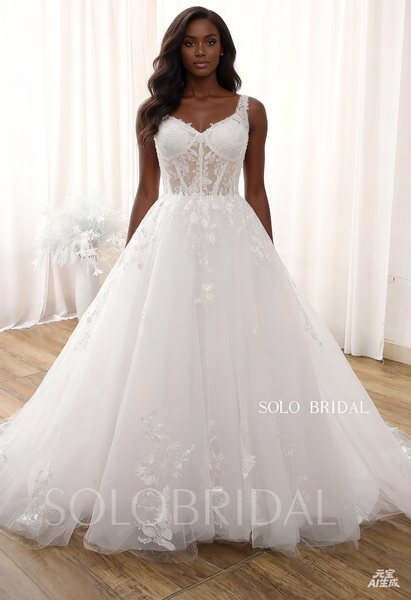 White V Neck Bra Cup Seen Through Top Tulle A Line Buttons Wedding Dress DPP_0059
