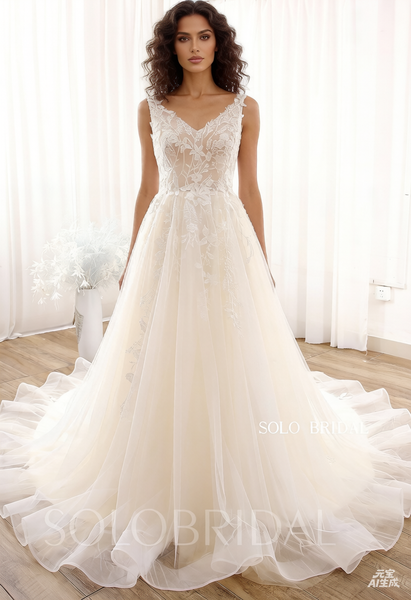 Ivory Nude V Neck A Line Light Wedding Dress DPP_0080