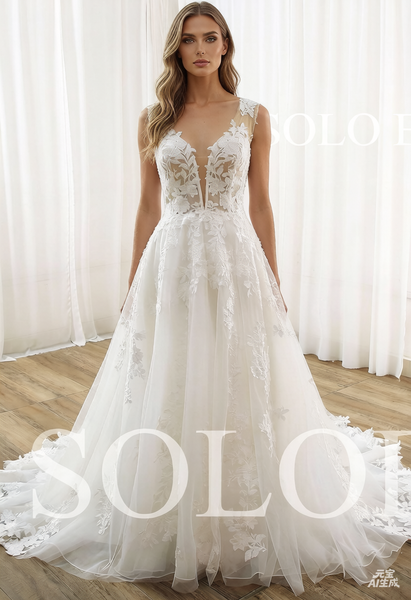 Ivory Deep V Neck A Line Court Train Wedding Dress DPP_000aa