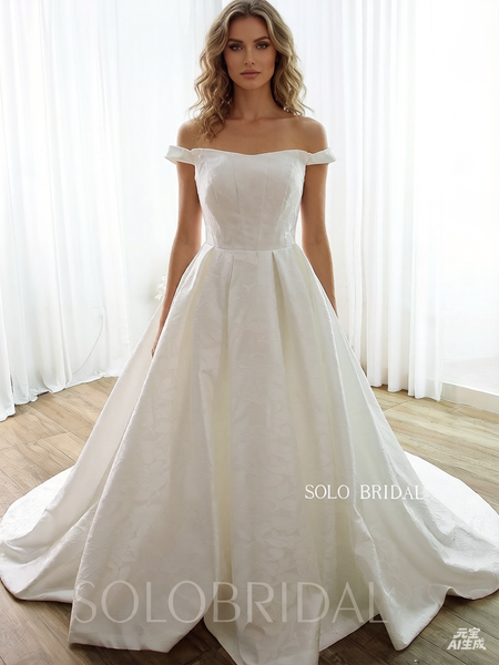 Ivory Off Shoulder A Line Printed Embroidery Wedding Dress DPP_000aa