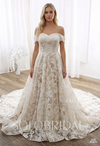 Dark Champagne Off Shoulder A Line Cathedral Train Lace Wedding Dress DPP_0001