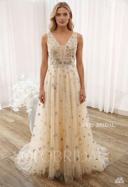 Champagne A line V Neck Beading Belt Gold Star Tulle Prom Dress DPP_0019