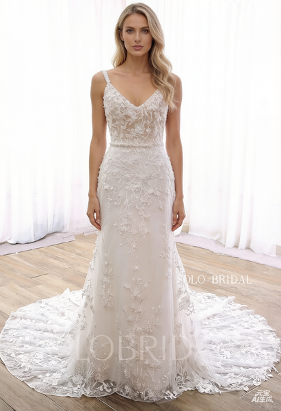 Ivory Fit and Flare V neck Cathedral Train V back Zipper Wedding Dress DPP_0031