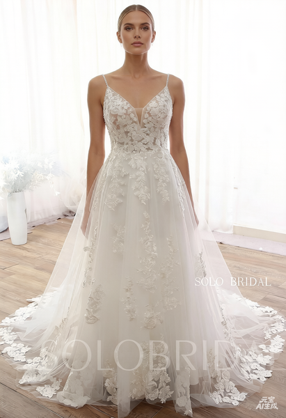 Elegant Ivory A line V neck Rose Lace Wedding Dress DPP_0033