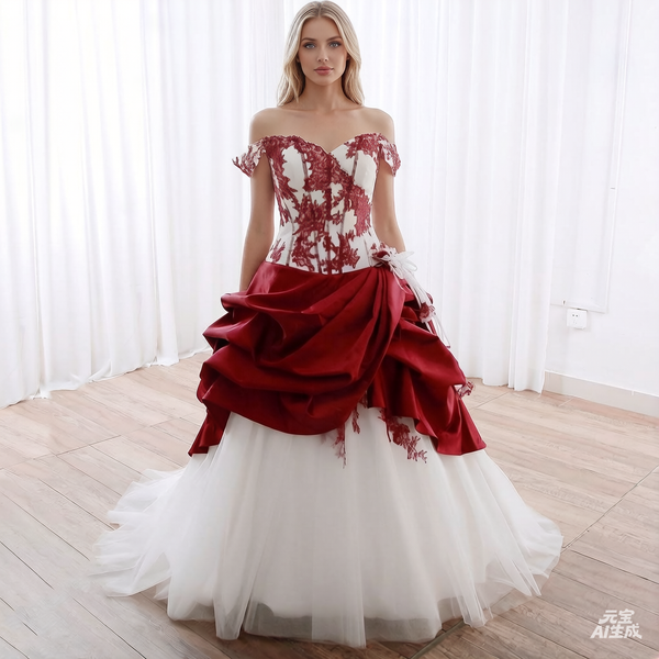 DPP_0037 White Red Ball Gown Off Shoulder Taffeta Wedding Gown