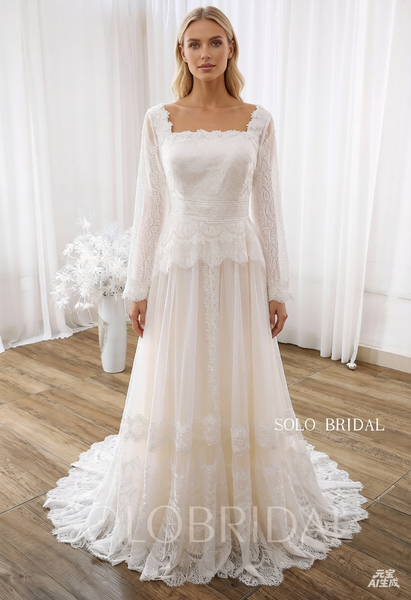 Ivory Square Neck Long Sleeve Small A Line Lace Wedding Dress DPP_0040