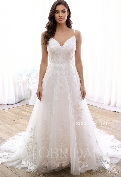 Ivory A line Spaghetti Straps V back Chapel train Wedding Dress DPP_0053