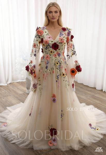 Champagne A line V neck Bell Long Sleeves Flowers Court Train Wedding Dress DPP_0054