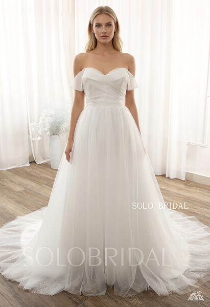 Ivory Sparkly Off Shoulder Folded Bustline A line Wedding Dress DPP_0076