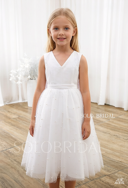 White V neck Satin Top Pearl Tulle Skirt Flower Girl Dress DPP_0080
