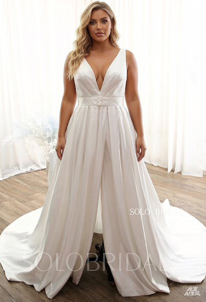Ivory Bridal Satin A line Split Opening V neck Royal train Wedding Dress DPP_0103