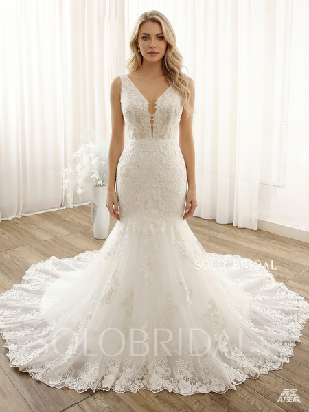 Ivory Deep V Neck Mermaid Catheral Train Buttons Wedding Dress DPP_0117