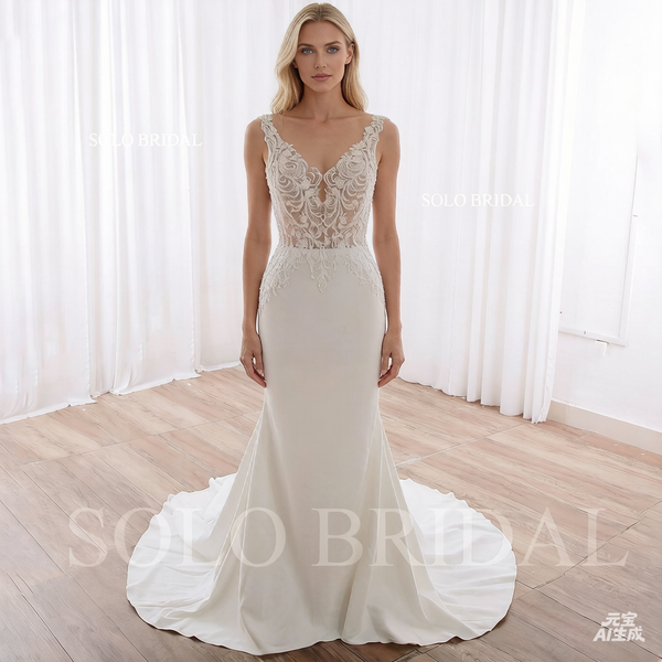 240402B Ivory V neck Nude Body Fit and flare Crepe Wedding Dress