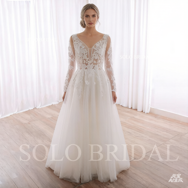240402C Ivory V Neck Long Sleeve A line Floor Length Wedding Dress