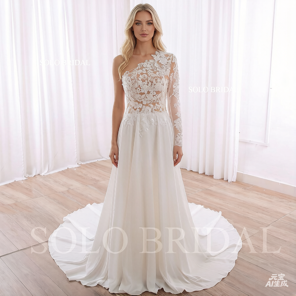 240402F Ivory One shoulder Long Sleeve A Line Chiffon Wedding Dress