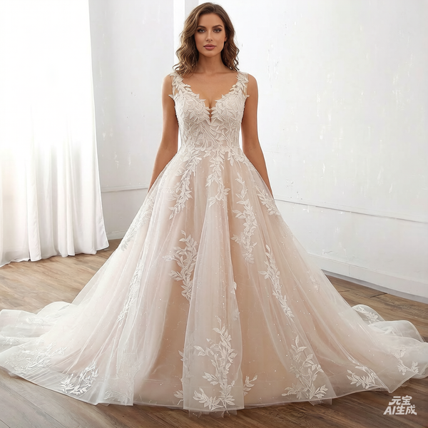 Hot Sale Champagne A Line Leaf Lace Wedding Gown