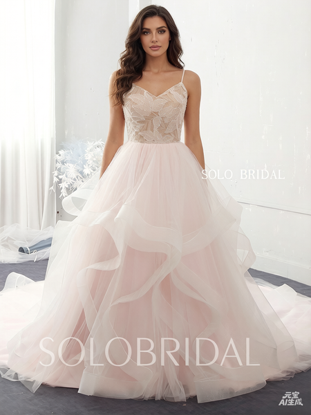 Blush pink ruffle skirt shiny lace beaded leaf lace wedding dress