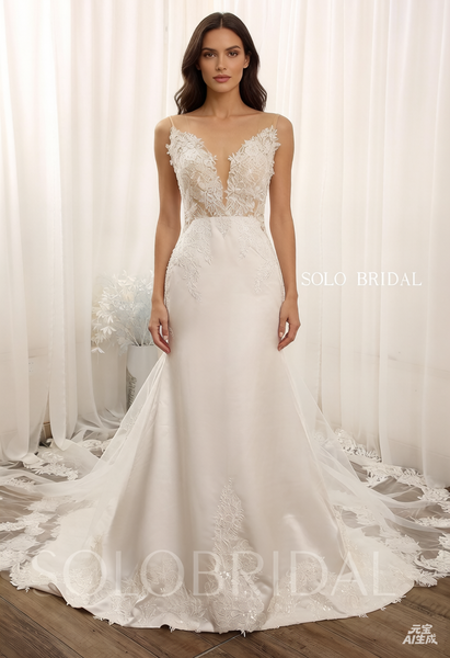 Ivory low back fitted mermaid crepe cathedral lace train