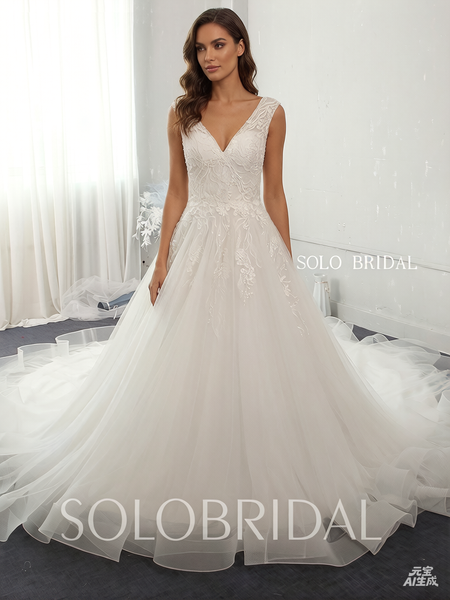 Ivory V neck low back cathedral train ruffle hem wedding dresses