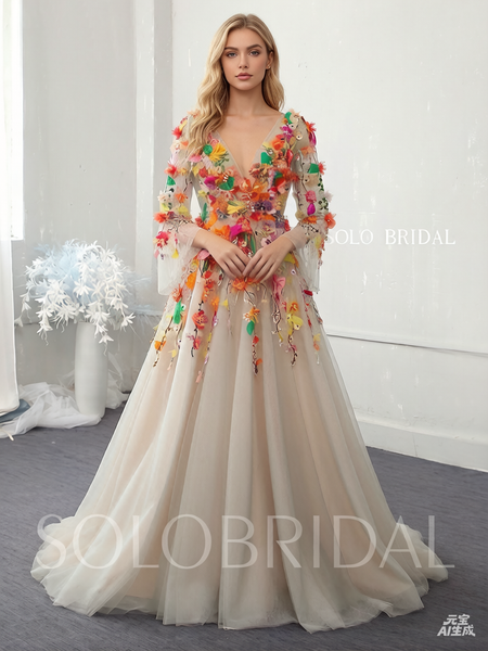A line silver grey wedding dress with colorful 3D flowers