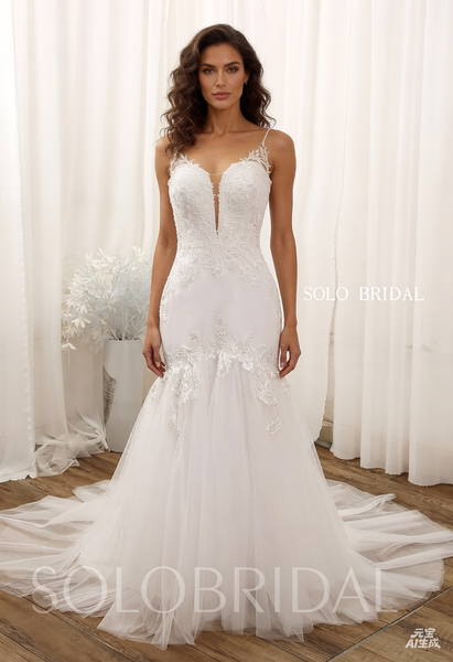 White V neck spaghetti straps low back mermaid wedding gowns