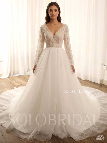 Ivory long sleeve lace A line tulle light wedding dress